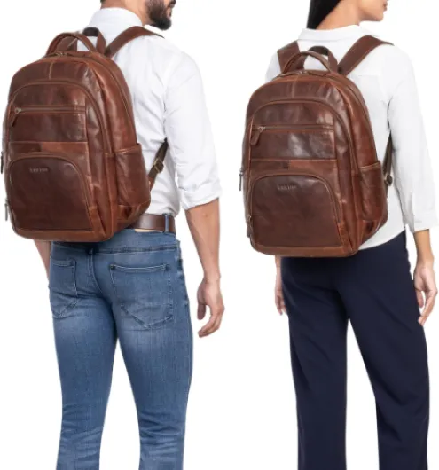 Pierre Sac à Dos d'affaires Cuir Femmes et Hommes Sac à Dos de Travail Grand Ordinateur Portable 15,6 Pouces Sac à Dos pour Bagages Couleur:Cognac Marron