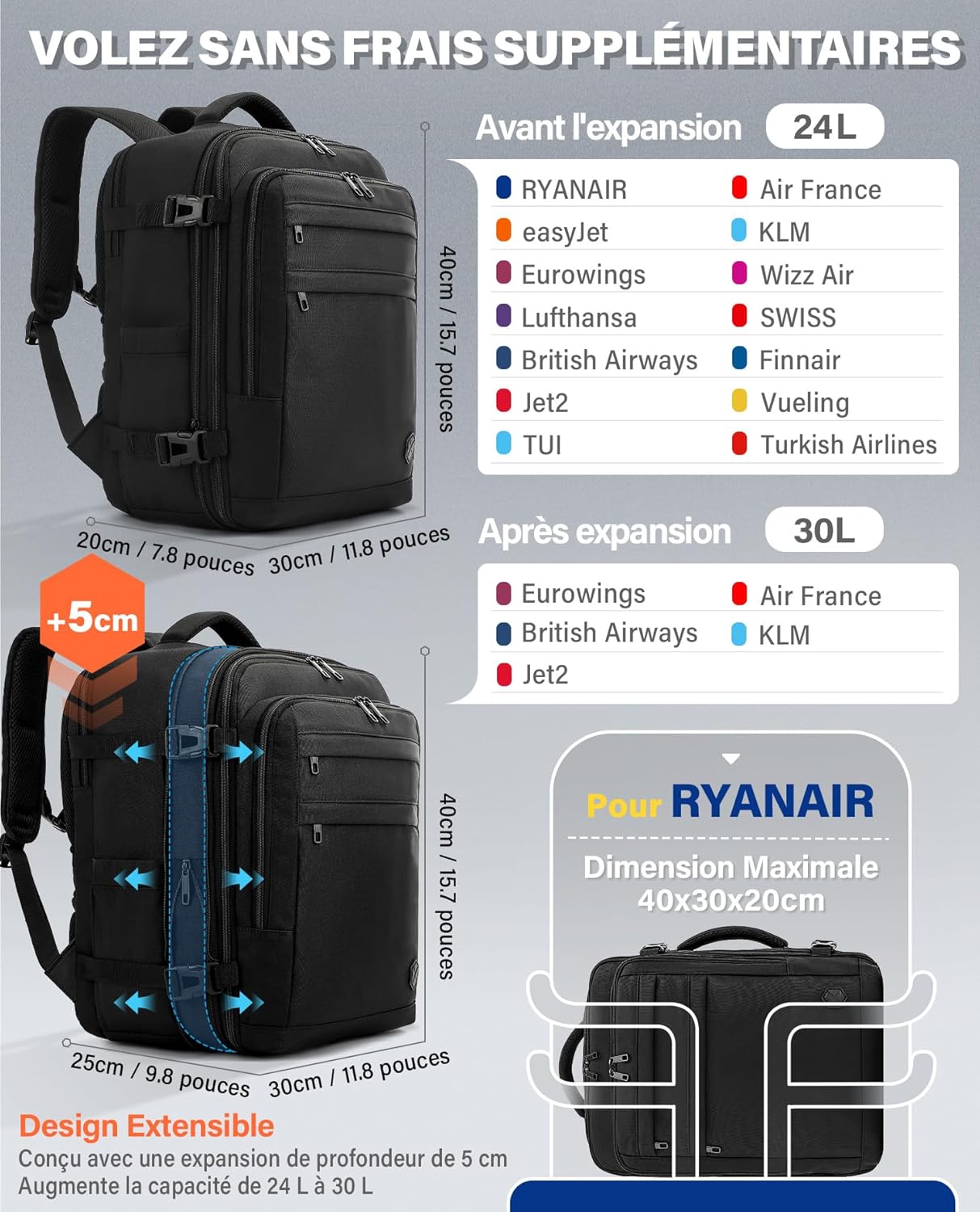 Sac à Dos Voyage Cabine pour Ryanair EasyJet Eurowings Wizz Air Extensible 40x30x20 à 40x30x25, 24L à 30L, Bagage à Main Sous Siège Adapté à un Ordinateur Portable de 15,6 Pouces noir 40x30x20cm(24L-30L) Noir