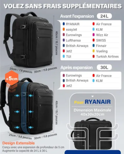 Sac à Dos Voyage Cabine pour Ryanair EasyJet Eurowings Wizz Air Extensible 40x30x20 à 40x30x25, 24L à 30L, Bagage à Main Sous Siège Adapté à un Ordinateur Portable de 15,6 Pouces noir 40x30x20cm(24L-30L) Noir
