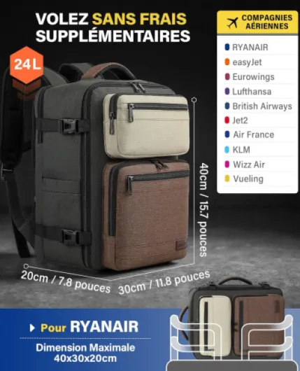 Ryanair Easyjet Eurowings Wizz Air Sac à Dos Voyage Cabine 40x30x20cm-24L, Bagage à Main Bagage Cabine Accepte un Ordinateur Portable de 15,6 Pouces vert olive foncé/marron 40×30×20cm-24L Vert Olive Foncé/Marron