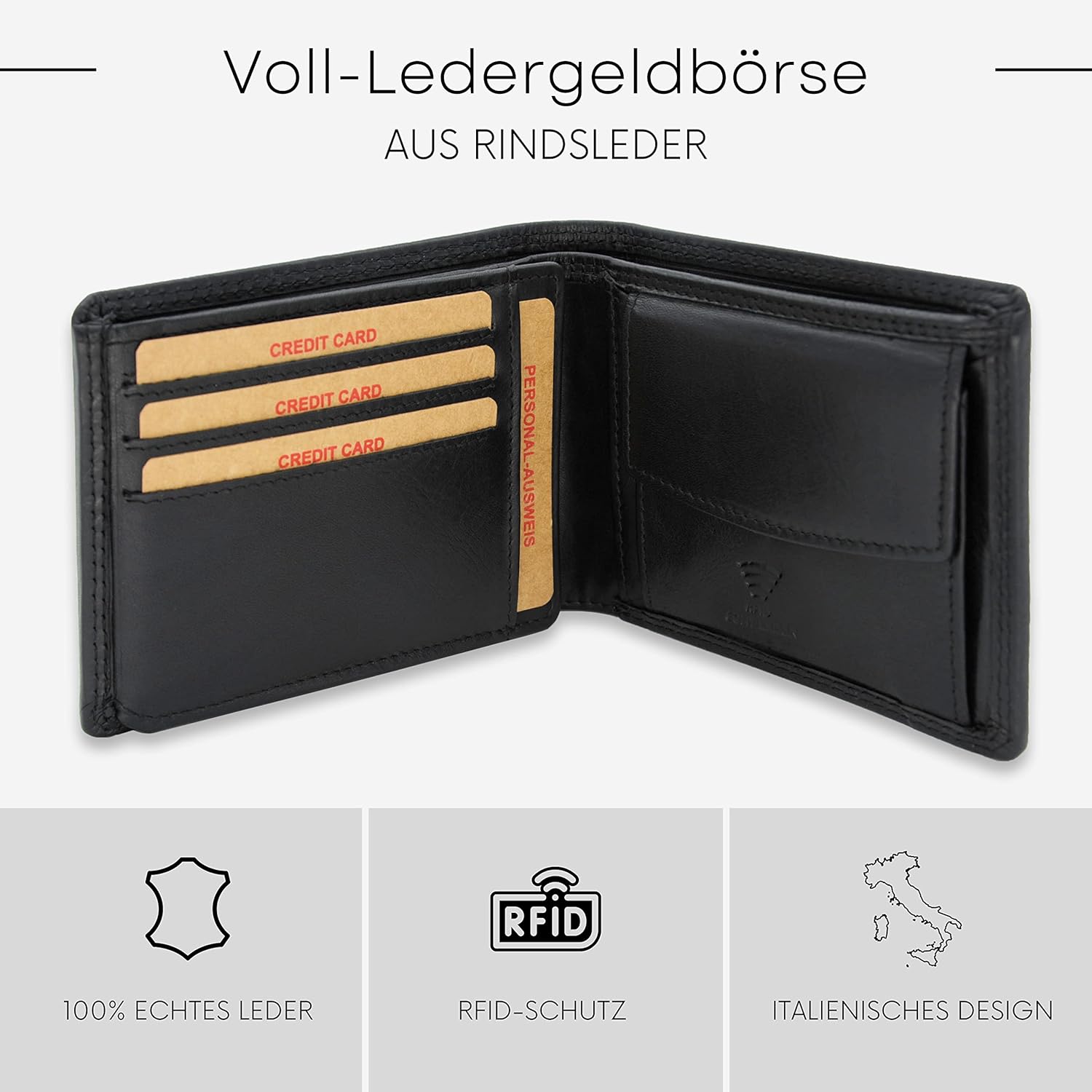 Baur Portefeuille Homme Cuir véritable RFID – Portefeuille Classique Cuir Pleine Fleur Horizontal 6 emplacements Cartes et Compartiment à pièces (Format Horizontal Standard, Noir) Noir Grand format paysage