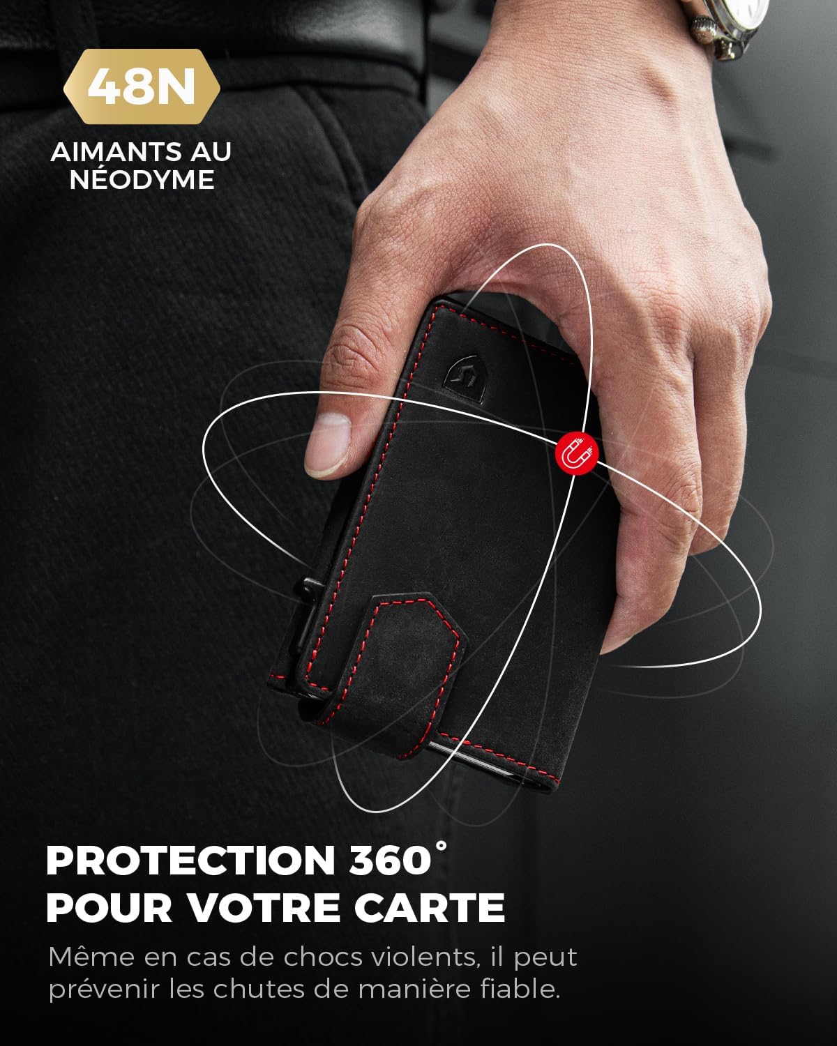 ® Porte Carte Homme, Portefeuille Homme Cuir Véritable avec Blocage RFID, Portefeuille avec Porte Monnaie et Compartiment à Billets, pour 10 Cartes, Fermeture Magnétique Noir-rouge