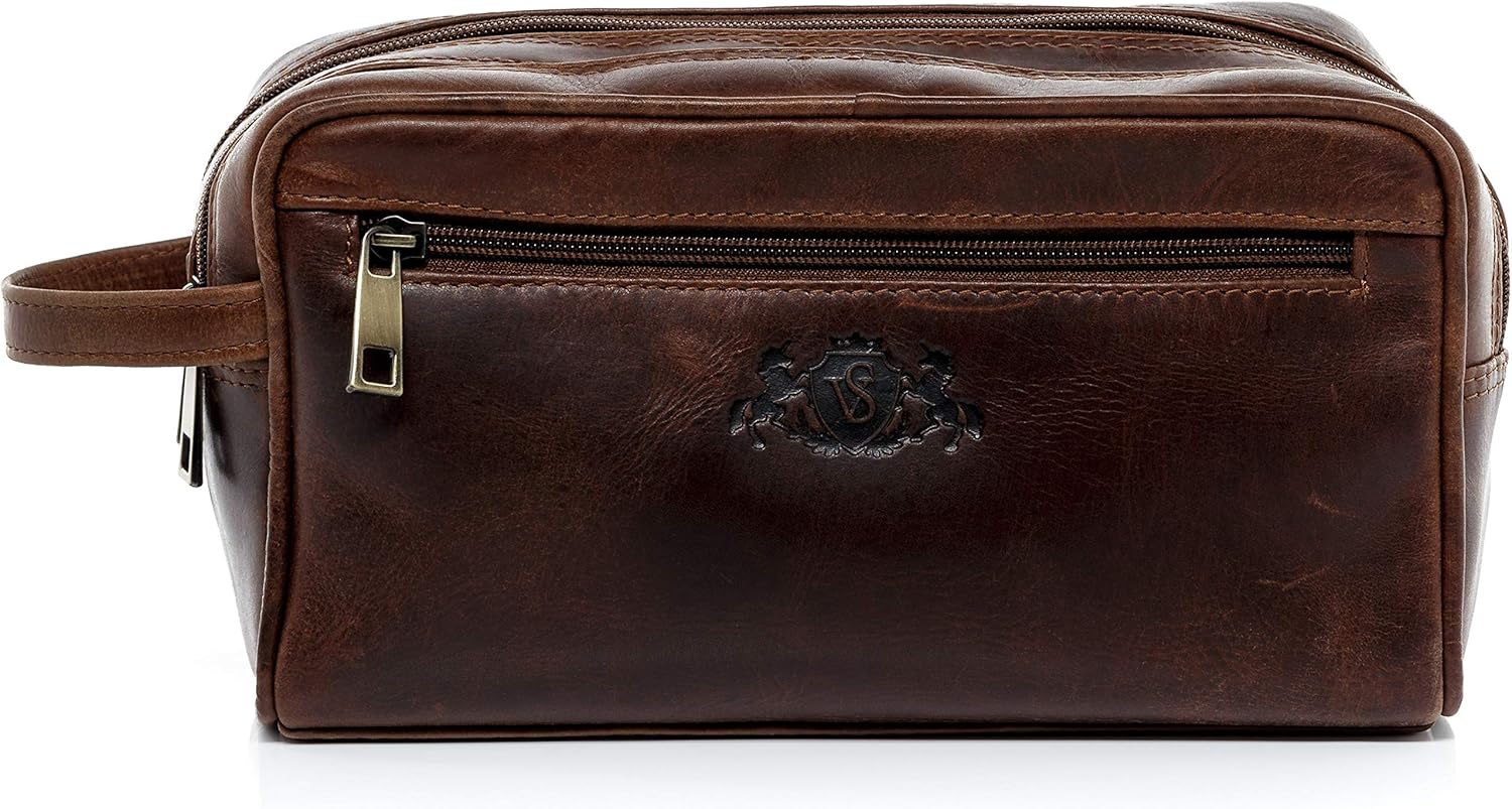 SID & VAIN Trousse de Toilette Cuir véritable GATWICK nécessaire de Voyage Grand pour Hommes et Femmes Trousse de Maquillage Marron