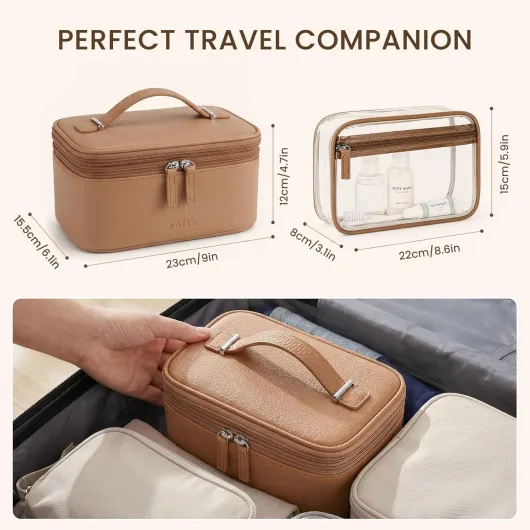 Prite 2 Pcs Trousse Maquillage Femme pour Voyage Vanity Case Double Couche avec Rangement à Bijoux Trousse de Toilette en Cuir Vegan avec Pochette PVC Transparente Amovible (Marron)