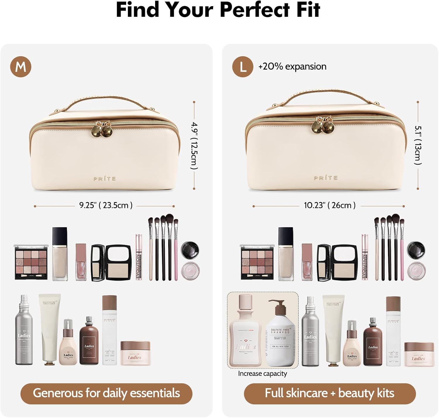 Prite Trousse de Maquillage pour Femme Trousse de Toilette en Cuir PU Vanity Imperméable pour Voyage avec Séparateur Transparent et Poignée (Beige M) Moyen Beige