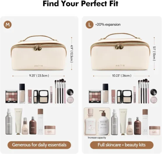 Prite Trousse de Maquillage pour Femme Trousse de Toilette en Cuir PU Vanity Imperméable pour Voyage avec Séparateur Transparent et Poignée (Beige M) Moyen Beige