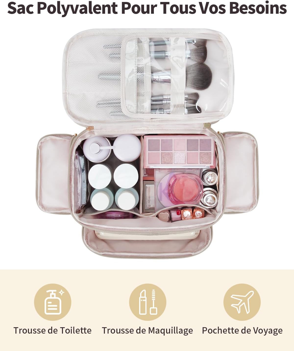 Trousse de Toilette Voyage, Grand Sac à Maquillage à Ouverture Étendue avec Poignée, Sac Cosmétique Gonflé pour Toiletries, Cosmétiques, Accessoires et Essentiels pour Femmes Kaki