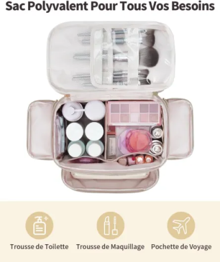 Trousse de Toilette Voyage, Grand Sac à Maquillage à Ouverture Étendue avec Poignée, Sac Cosmétique Gonflé pour Toiletries, Cosmétiques, Accessoires et Essentiels pour Femmes Kaki