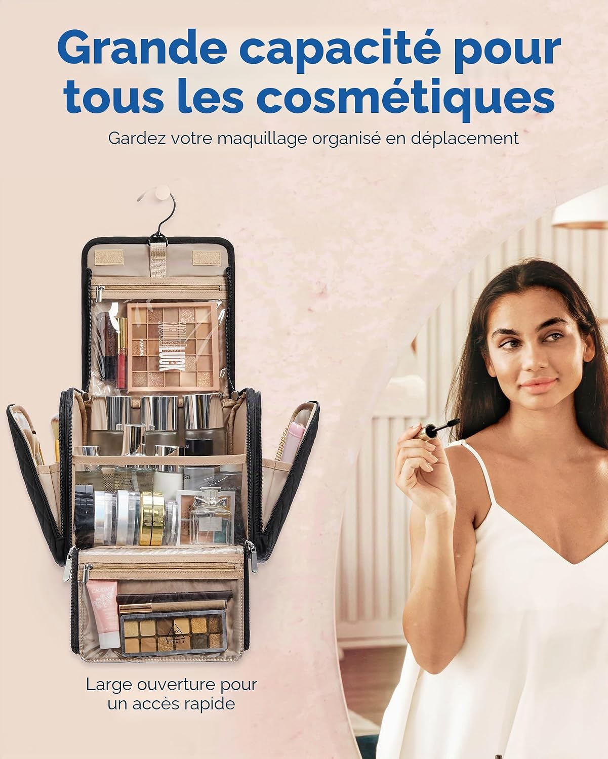 Trousse de Toilette Femme Voyage,Grande Capacité Trousse de Maquillage avec Crochets à Suspendre,Imperméable pour Articles de Toilette,Accessoires de Voyage, Noir
