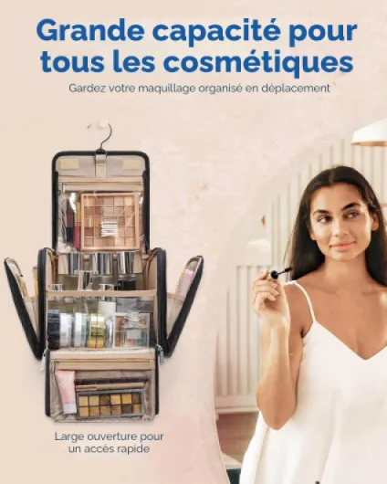 Trousse de Toilette Femme Voyage,Grande Capacité Trousse de Maquillage avec Crochets à Suspendre,Imperméable pour Articles de Toilette,Accessoires de Voyage, Noir