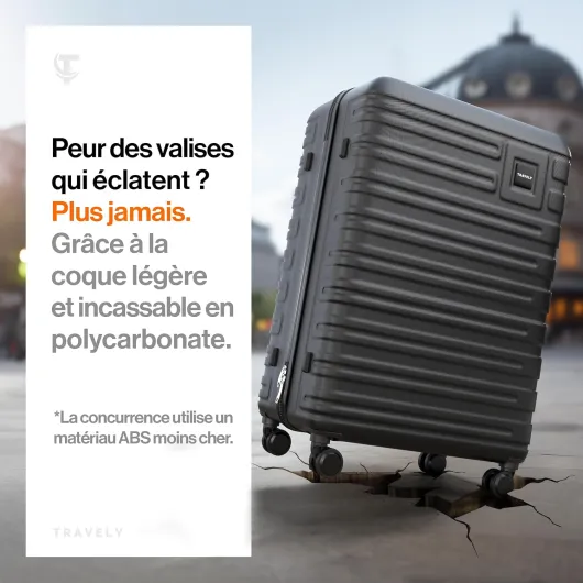 Valise en Polycarbonate, Taille XL, 77 cm, Volume intérieur 100 L, Dimensions 158 cm, Valise à Coque Rigide très Robuste avec roulettes Souples et Serrure TSA, Valises, Valises à roulettes Noir XL 77x52x29