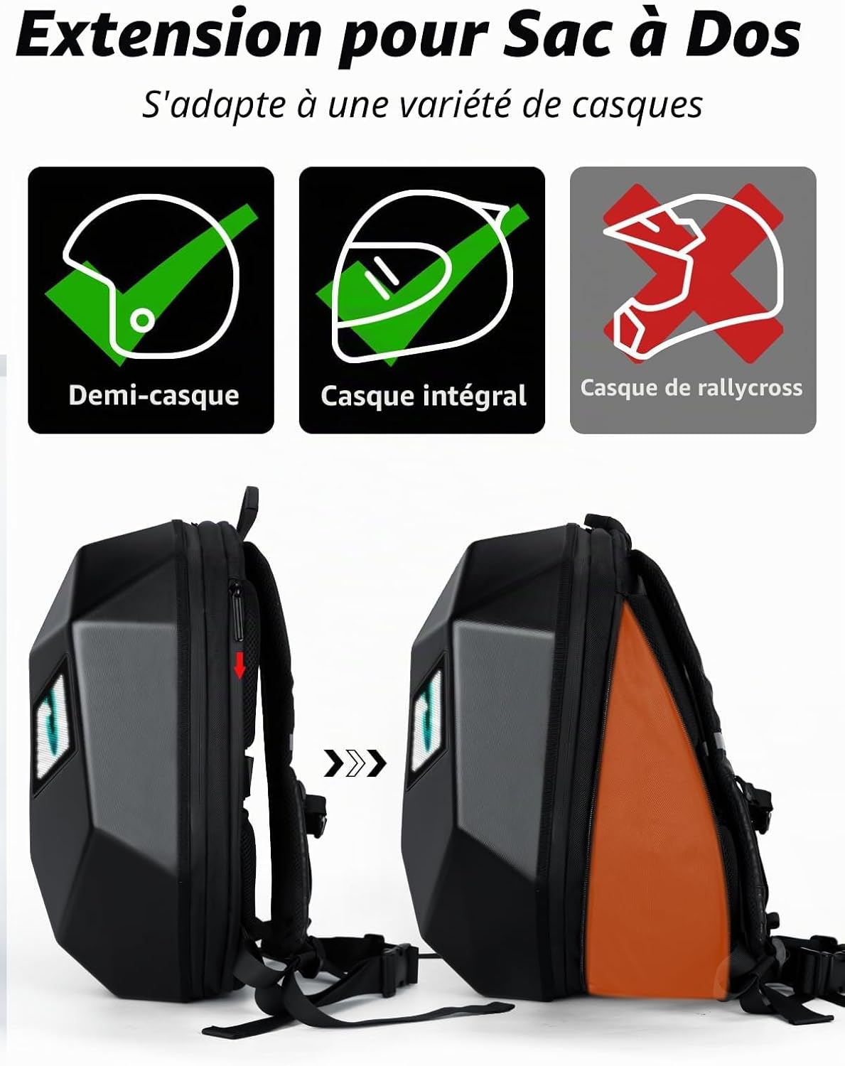Gelrova Sac à dos pour Casque de Moto, 3D Hard Sac à dos Programmable Pour Moto, Dynamique, application, étanche, compatible avec les systèmes iOS/Android, écran LED, texte/image/animation GIF