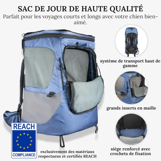 Daypack Sac à Dos pour Chiens jusqu'à 16 Kg Couleur Bleue - Sac à Dos Premium pour Chiens de Petite et Moyenne Taille avec Système de Portage réglable en Hauteur (Bleu, Large) Bleu L 31 x l 45 x H 55 cm