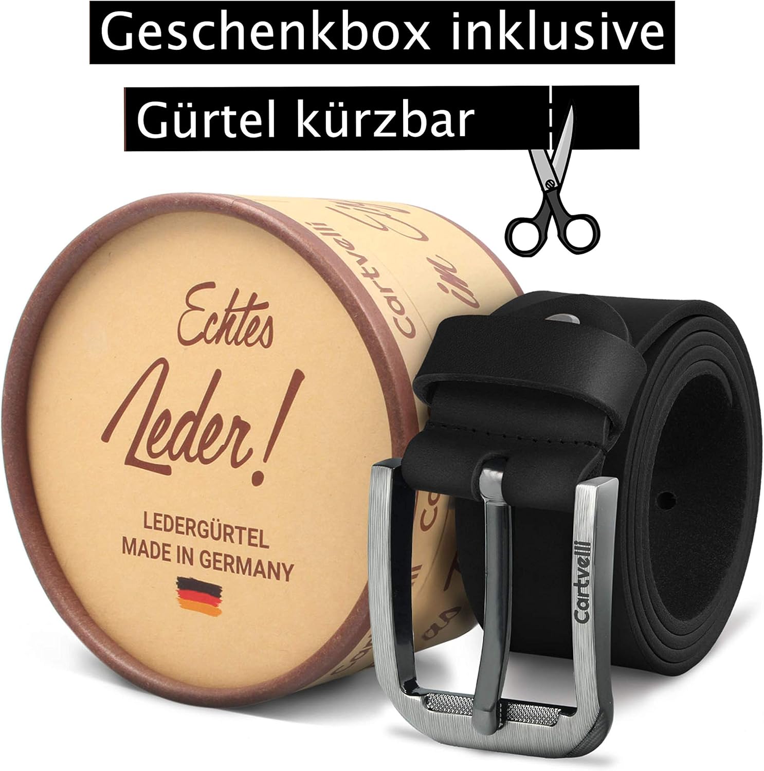 Ceinture homme cuir haute qualité 40mm - pleine fleur tanné végétal, 3mm d’épaisseur - Made in Germany - raccourcissable - sans nickel - coffret cadeau élégant Noir Caviar 120