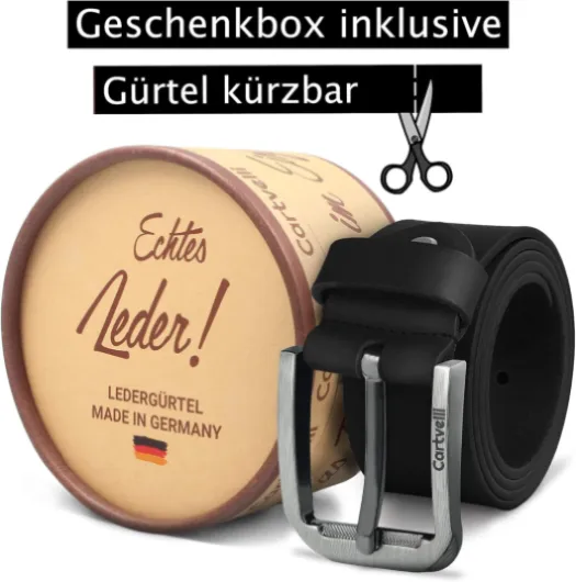 Ceinture homme cuir haute qualité 40mm - pleine fleur tanné végétal, 3mm d’épaisseur - Made in Germany - raccourcissable - sans nickel - coffret cadeau élégant Noir Caviar 120