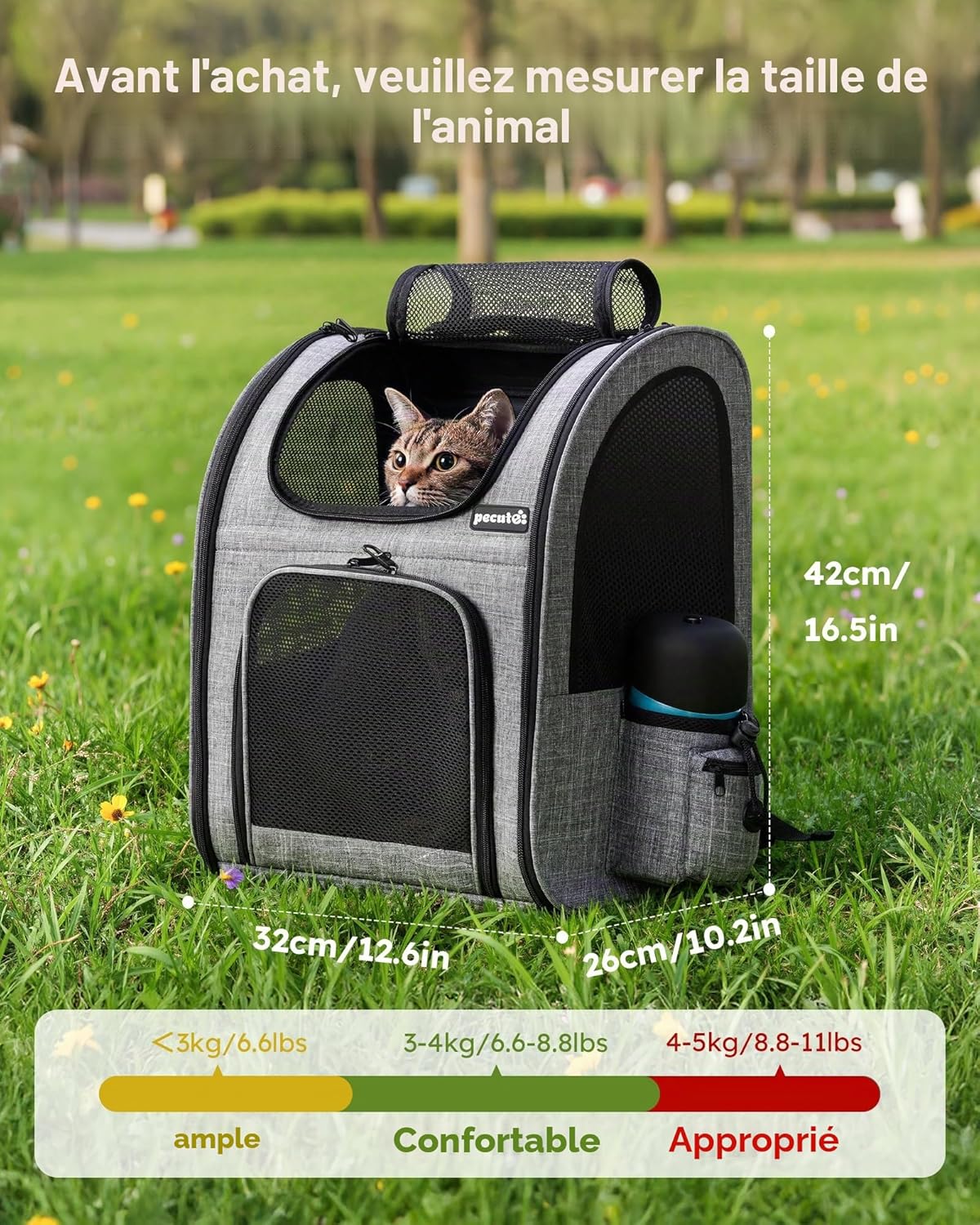 Sac à Dos Chat Chien Design Classique, Sac Transport pour Chat Petit Chien Respirant, Sac a Dos de Transport Chat avec Matelas en Peluche Amovible, pour Voyage en Train/Voiture/Restaurant/Avion Gris Mesh Fenêtre