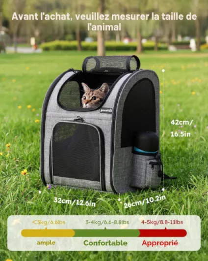Sac à Dos Chat Chien Design Classique, Sac Transport pour Chat Petit Chien Respirant, Sac a Dos de Transport Chat avec Matelas en Peluche Amovible, pour Voyage en Train/Voiture/Restaurant/Avion Gris Mesh Fenêtre