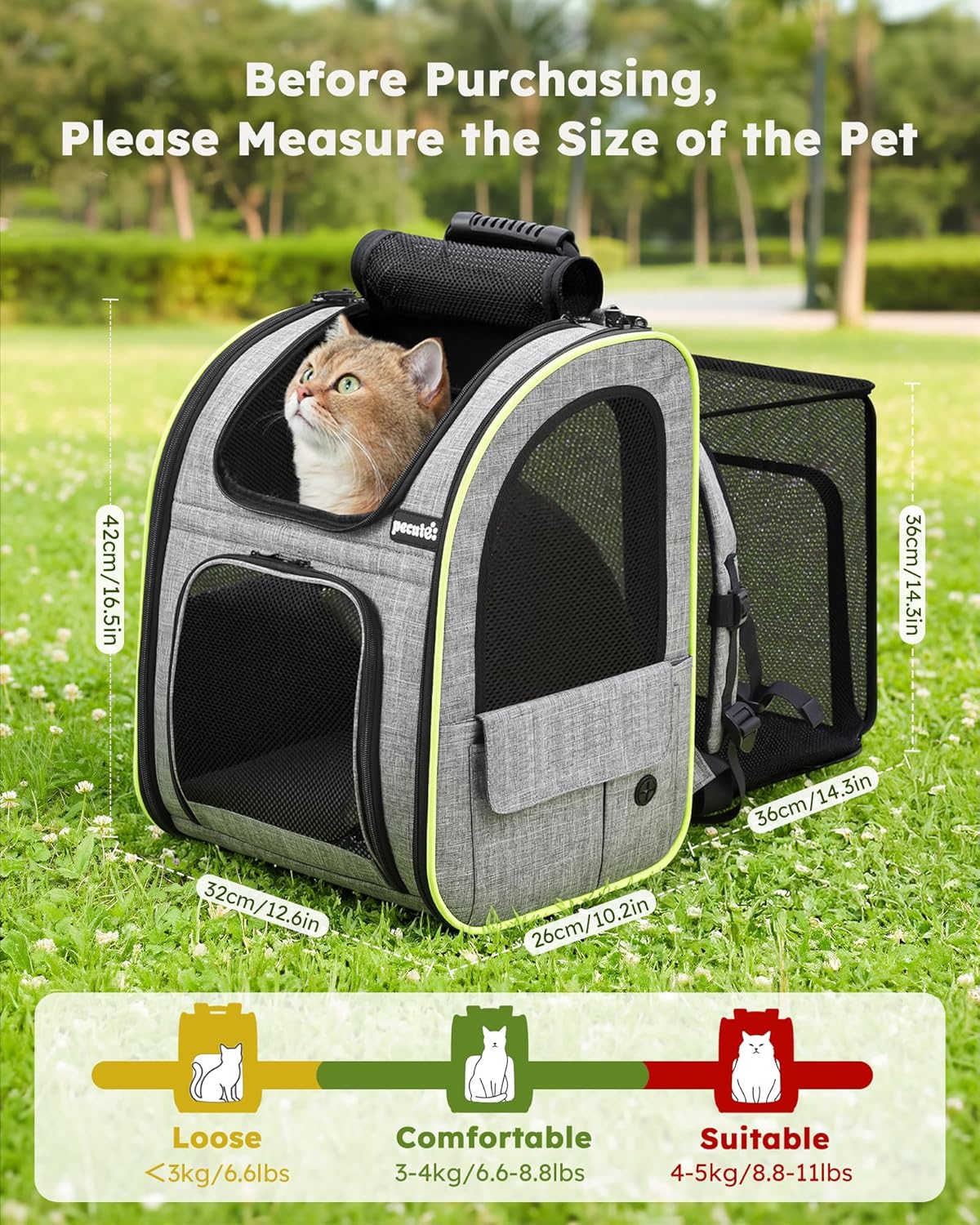 Sac Transport Chat Petit Chien Extensible, Sac a Dos Chat Respirant, Sac de Transport pour Chat avec Matelas en Peluche Amovible, Portable Sac Chat Transport pour Voyage, Achats,Gris Gris (filet respirant) Fenêtre Mesh