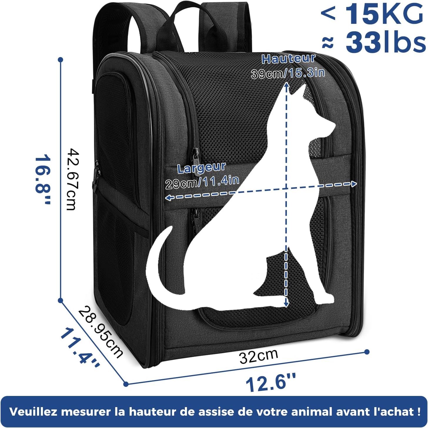 Sac Transport Chat Chien pour Petits (Capacité de Charge 5-12 kg, Dimensions 32L*30B*42H)，Chiens et Chats Sac à Dos en Maille Respirante pour Animaux de Compagnie - Noir