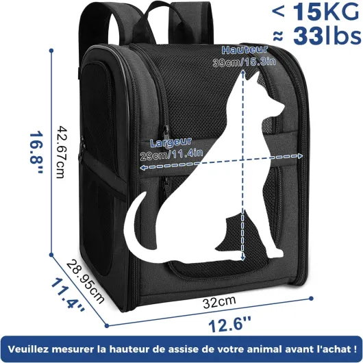 Sac Transport Chat Chien pour Petits (Capacité de Charge 5-12 kg, Dimensions 32L*30B*42H)，Chiens et Chats Sac à Dos en Maille Respirante pour Animaux de Compagnie - Noir