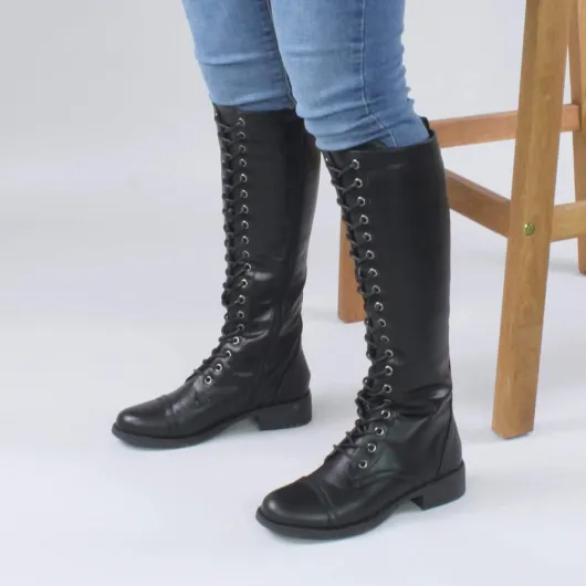 Ajvani Femmes Talon Bas Hauteur du Genou Mollet armée Lacer Bottes Militaires Pointure 39 EU Noir