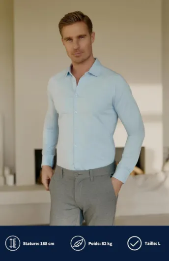 Chemise Homme Slim Fit en Coton Stretch Supima® - Coupe Ajustée Chic et Élégante - sans Repassage – Manches Longues M Bleu Clair